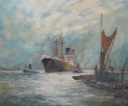 Andrew Kennedy, oil on canvas, A Blue Funnel Ship at the Entrance to Tilbury Docks 1958, 50.5 x 61cm, together with an oil on board, seascape, initialled E.B.C., 49 x 59cm (2). Condition - fair to good.